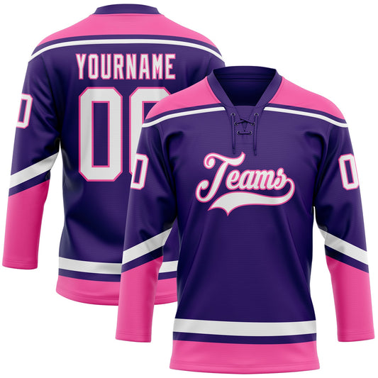 Custom Purple White-Pink Hockey Lace Neck Jersey - Main View