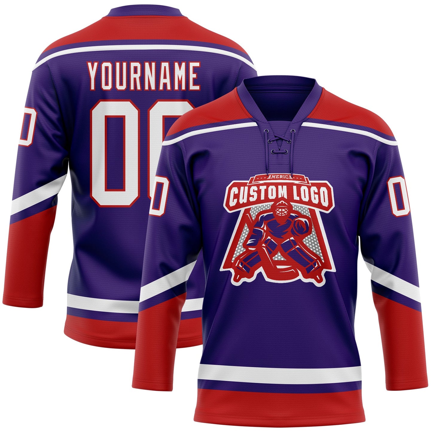 Custom Purple White-Red Hockey Lace Neck Jersey view 2