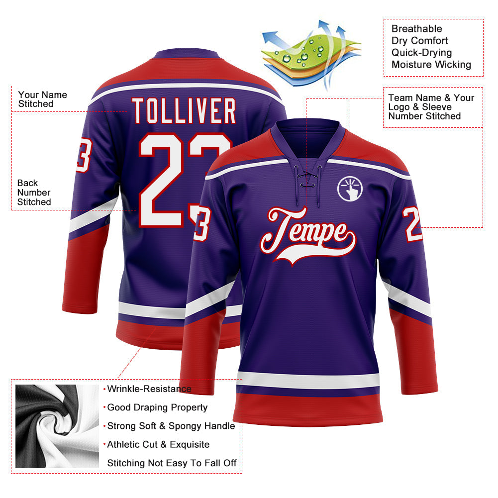 Custom Purple White-Red Hockey Lace Neck Jersey view 3