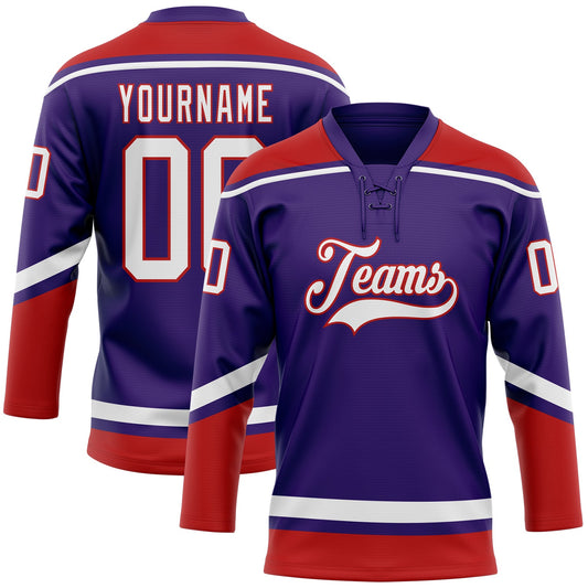 Custom Purple White-Red Hockey Lace Neck Jersey - Main View