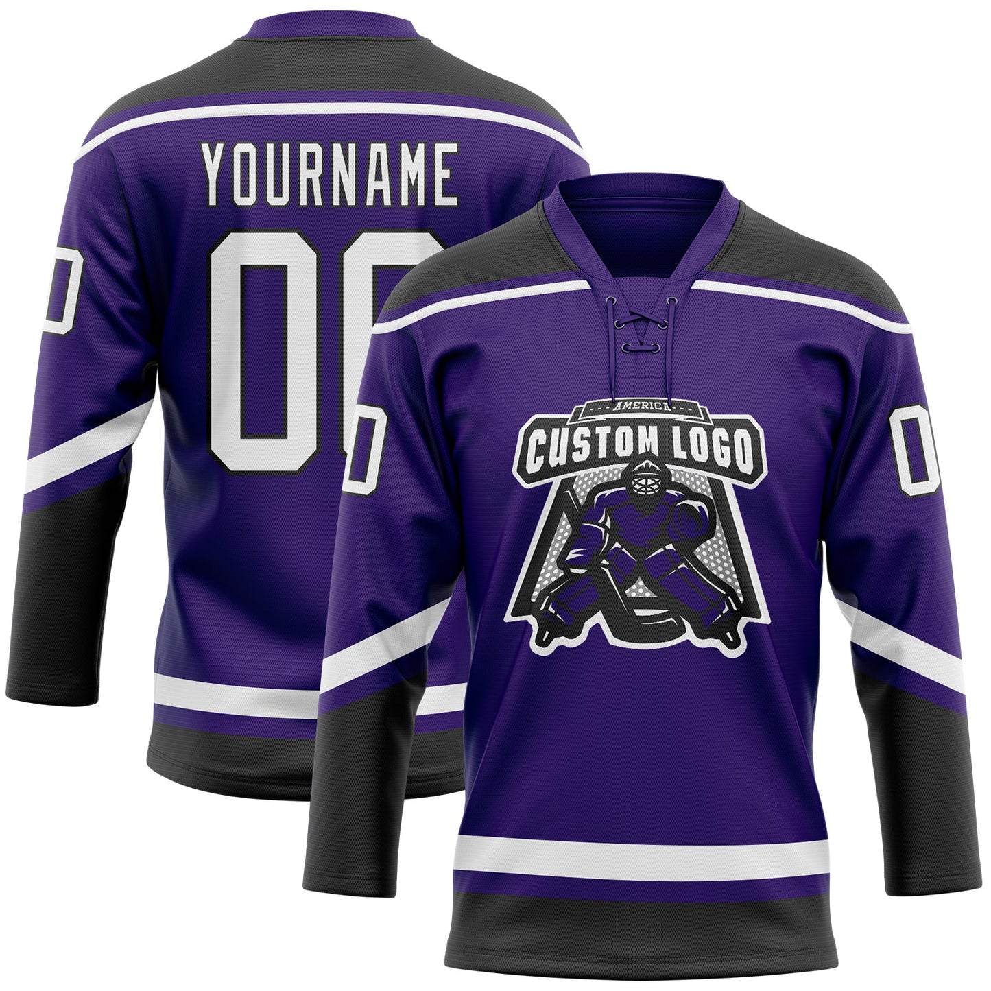 Custom Purple White-Black Hockey Lace Neck Jersey view 2