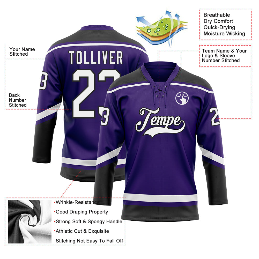 Custom Purple White-Black Hockey Lace Neck Jersey view 3