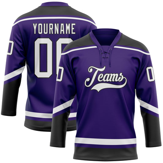 Custom Purple White-Black Hockey Lace Neck Jersey - Main View