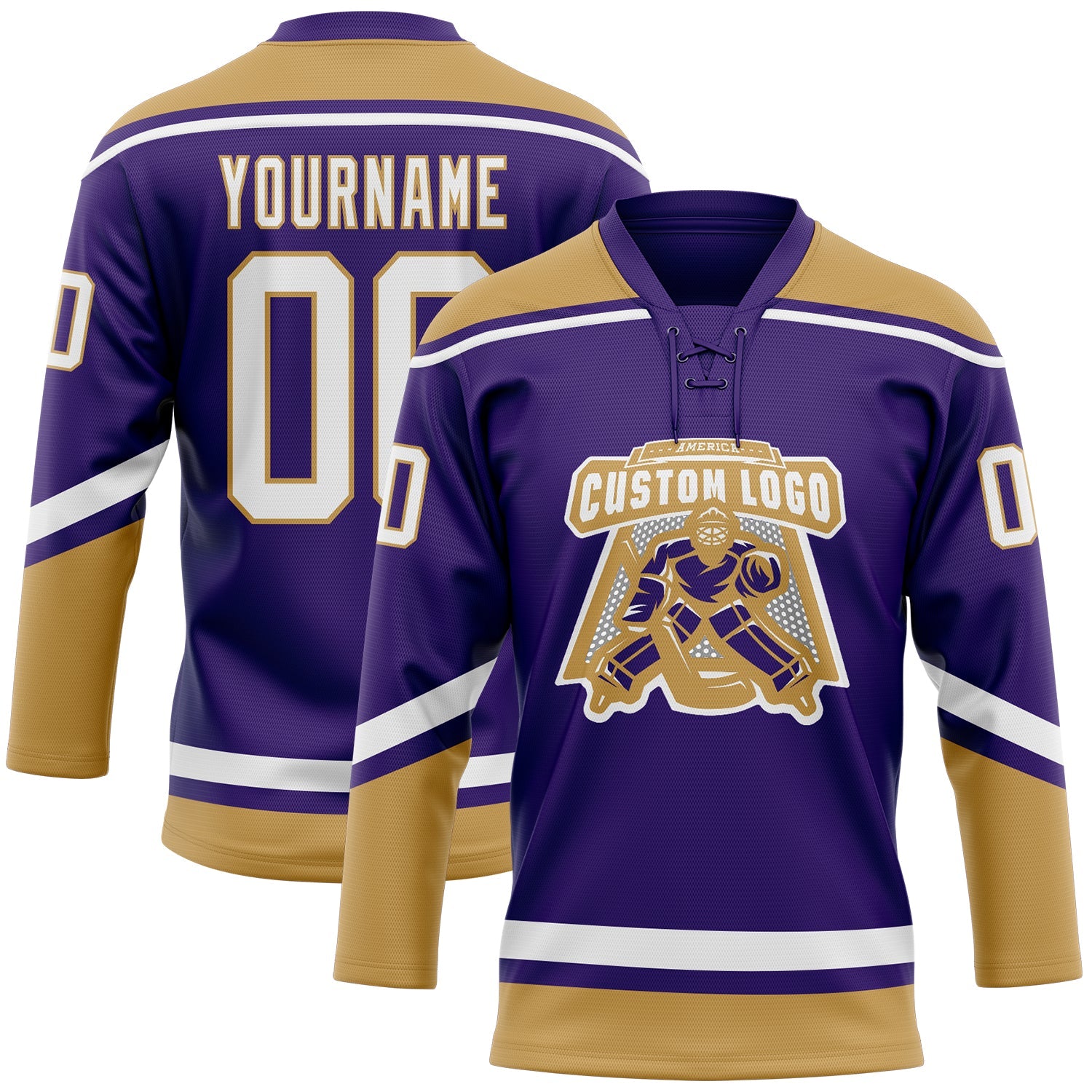 Custom Purple White-Old Gold Hockey Lace Neck Jersey view 2