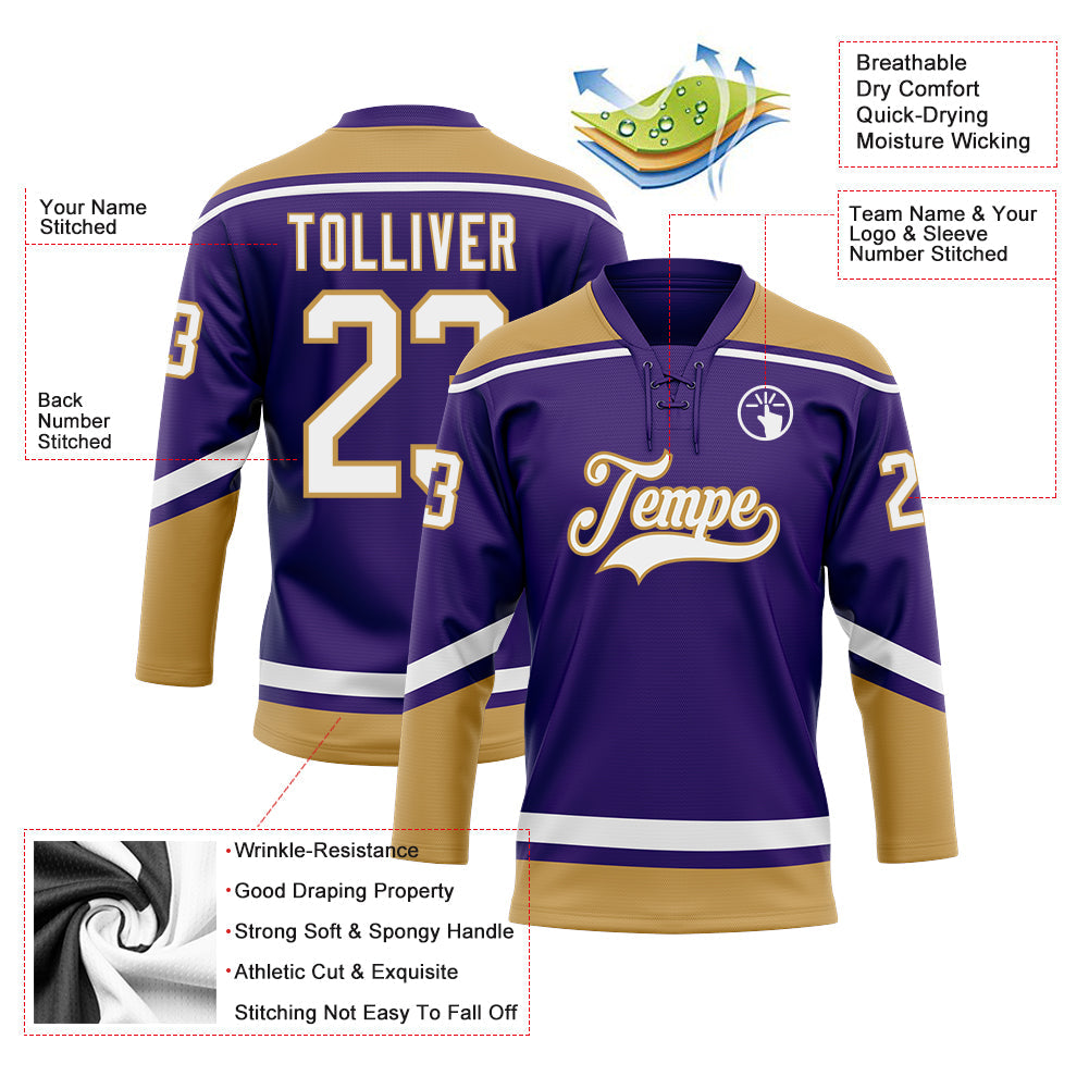 Custom Purple White-Old Gold Hockey Lace Neck Jersey view 3