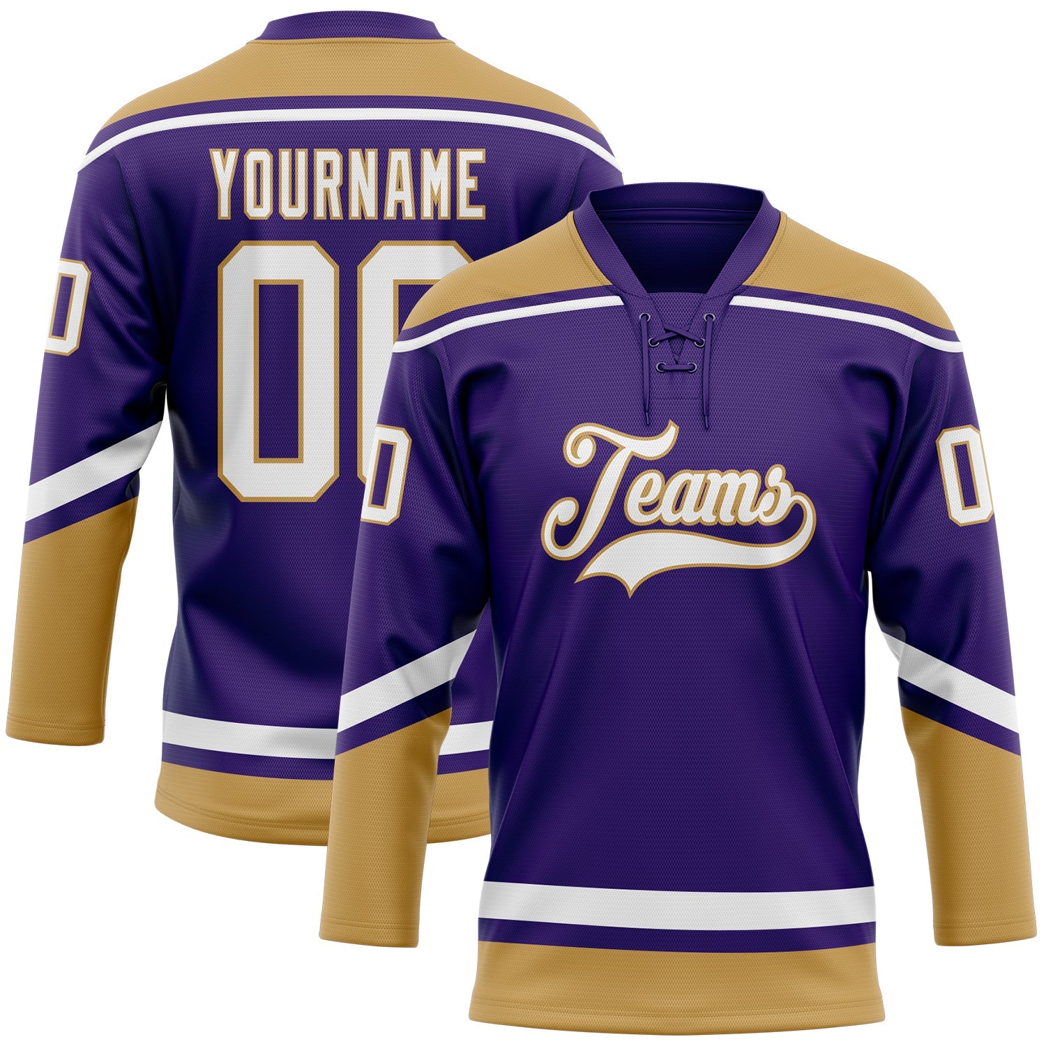 Custom Purple White-Old Gold Hockey Lace Neck Jersey - Main View