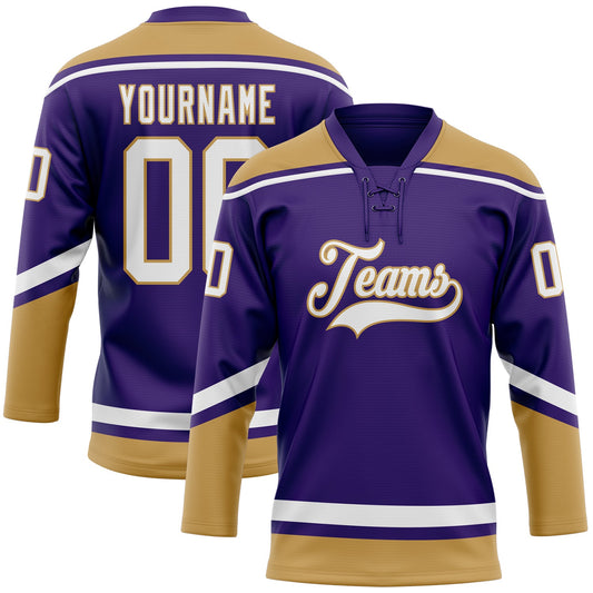 Custom Purple White-Old Gold Hockey Lace Neck Jersey - Main View