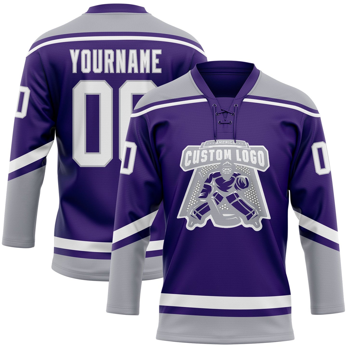 Custom Purple White-Gray Hockey Lace Neck Jersey view 2