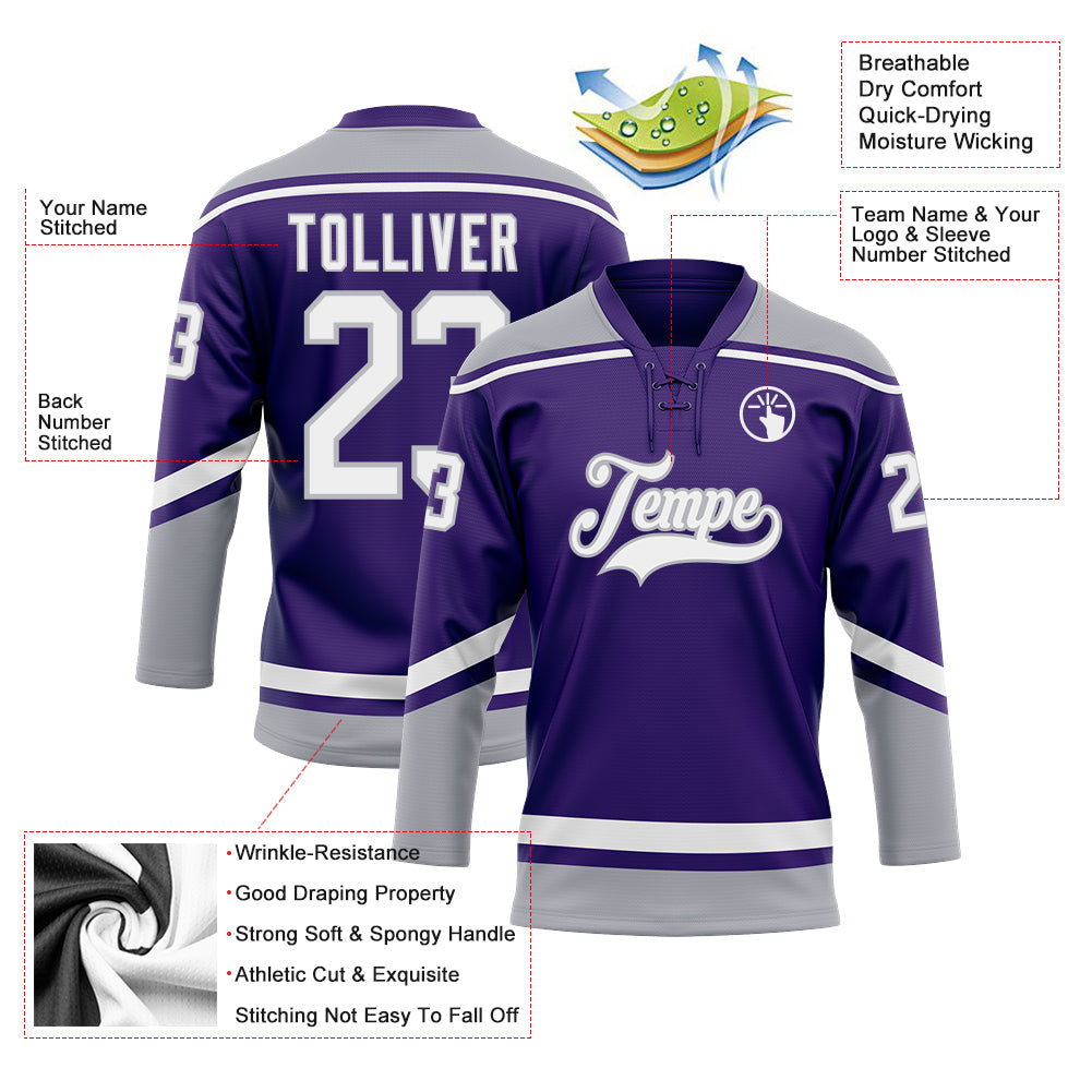 Custom Purple White-Gray Hockey Lace Neck Jersey view 3