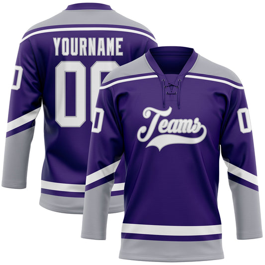 Custom Purple White-Gray Hockey Lace Neck Jersey - Main View