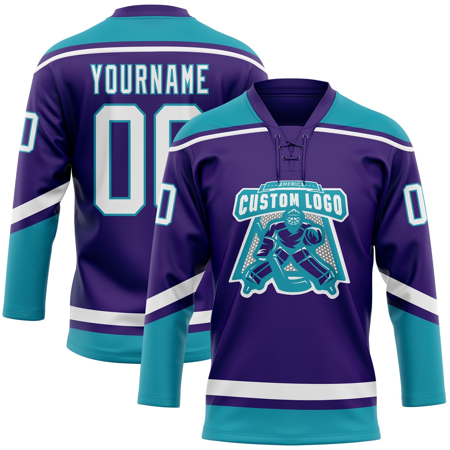Custom Purple White-Teal Hockey Lace Neck Jersey view 2