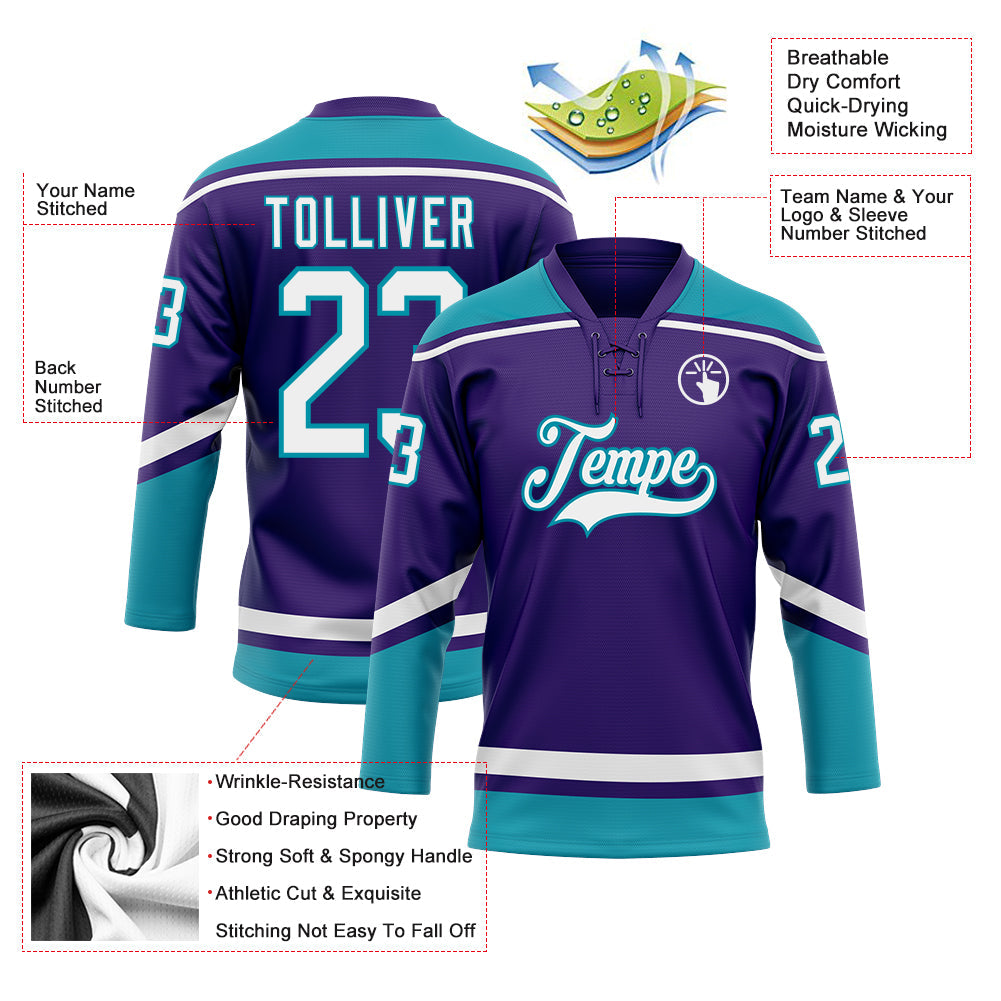 Custom Purple White-Teal Hockey Lace Neck Jersey view 3