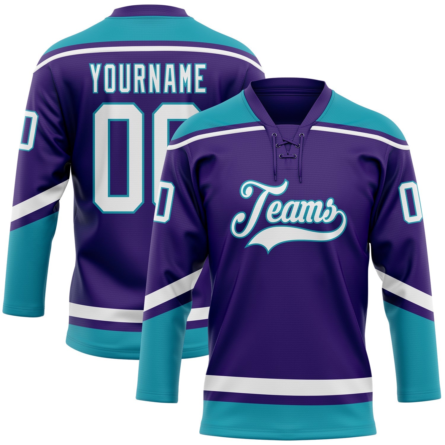 Custom Purple White-Teal Hockey Lace Neck Jersey - Main View