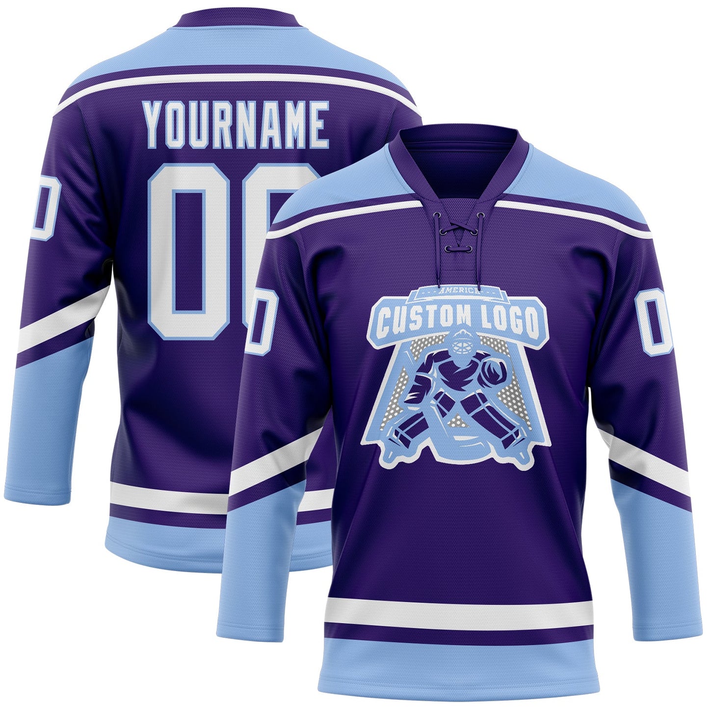 Custom Purple White-Light Blue Hockey Lace Neck Jersey view 2