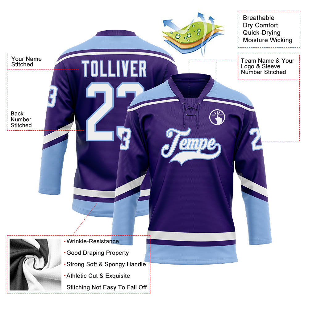 Custom Purple White-Light Blue Hockey Lace Neck Jersey view 3