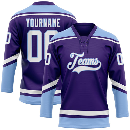 Custom Purple White-Light Blue Hockey Lace Neck Jersey - Main View
