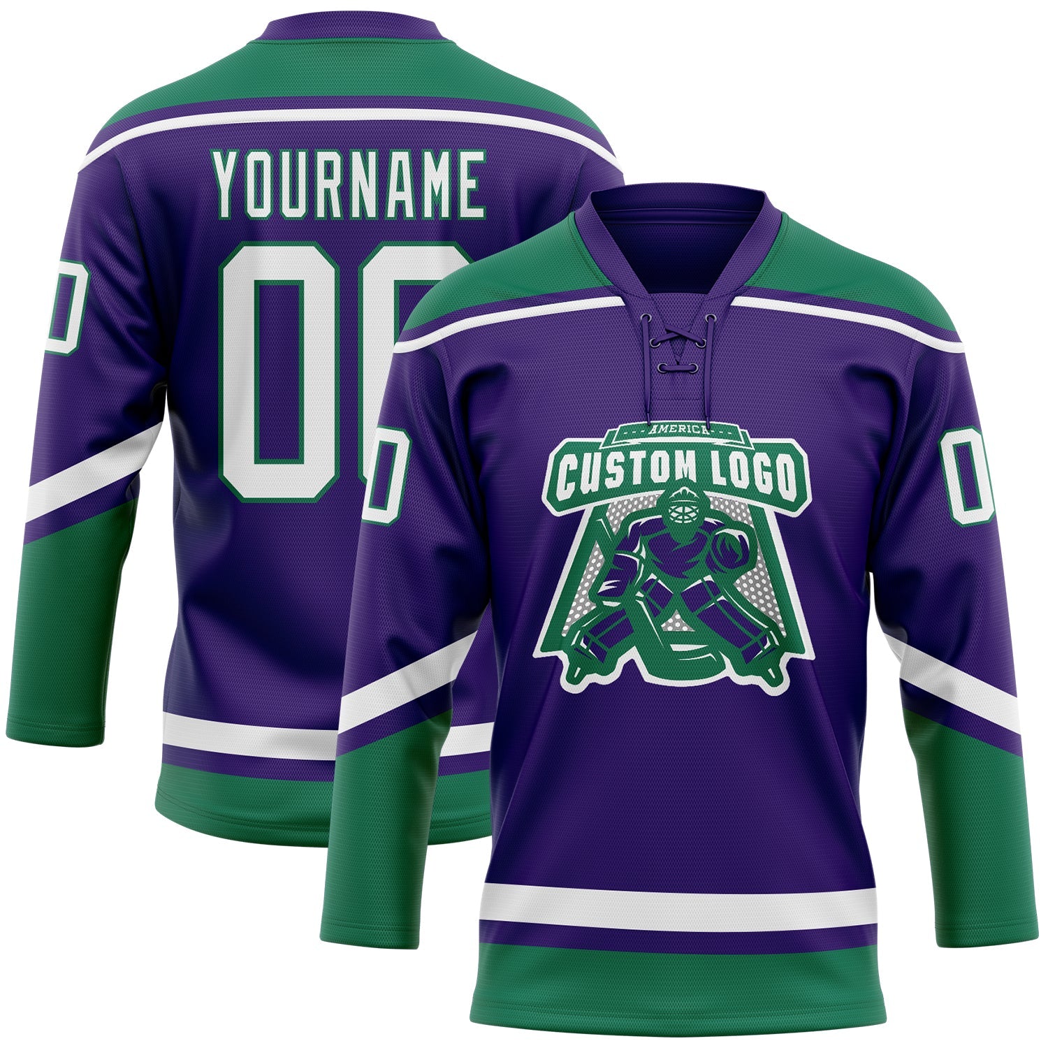 Custom Purple White-Kelly Green Hockey Lace Neck Jersey view 2