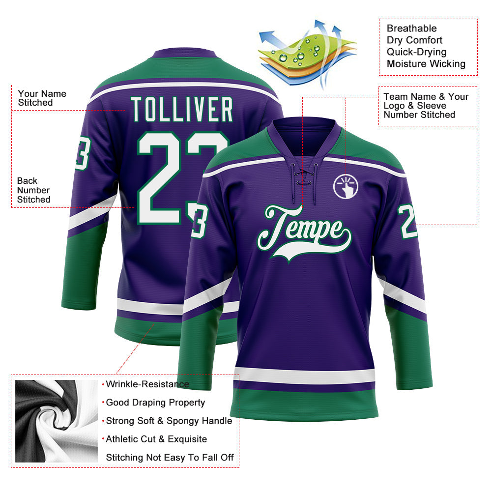 Custom Purple White-Kelly Green Hockey Lace Neck Jersey view 3