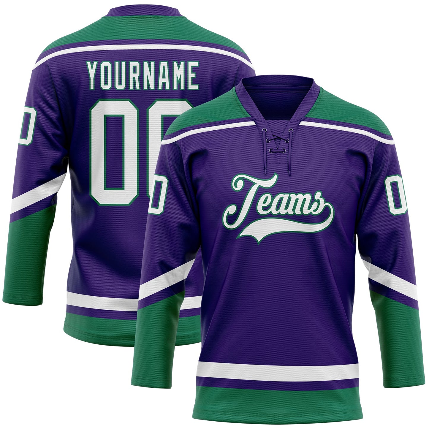 Custom Purple White-Kelly Green Hockey Lace Neck Jersey - Main View