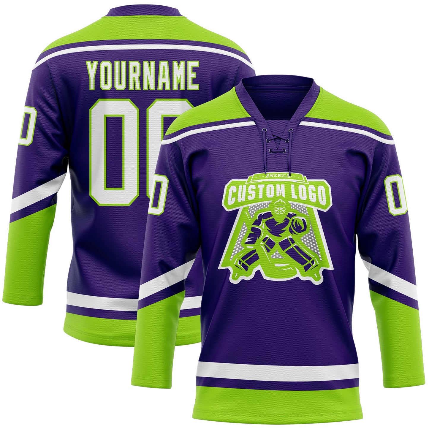 Custom Purple White-Neon Green Hockey Lace Neck Jersey view 2