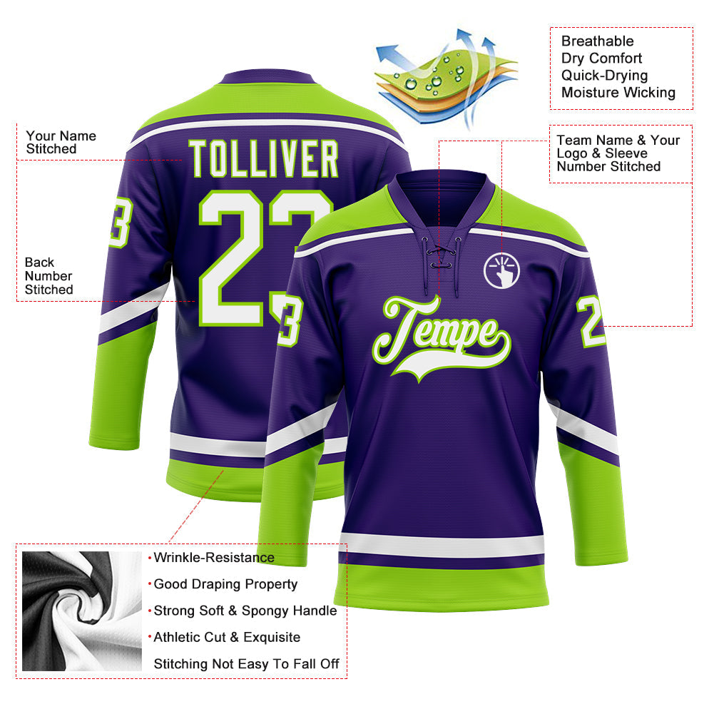 Custom Purple White-Neon Green Hockey Lace Neck Jersey view 3
