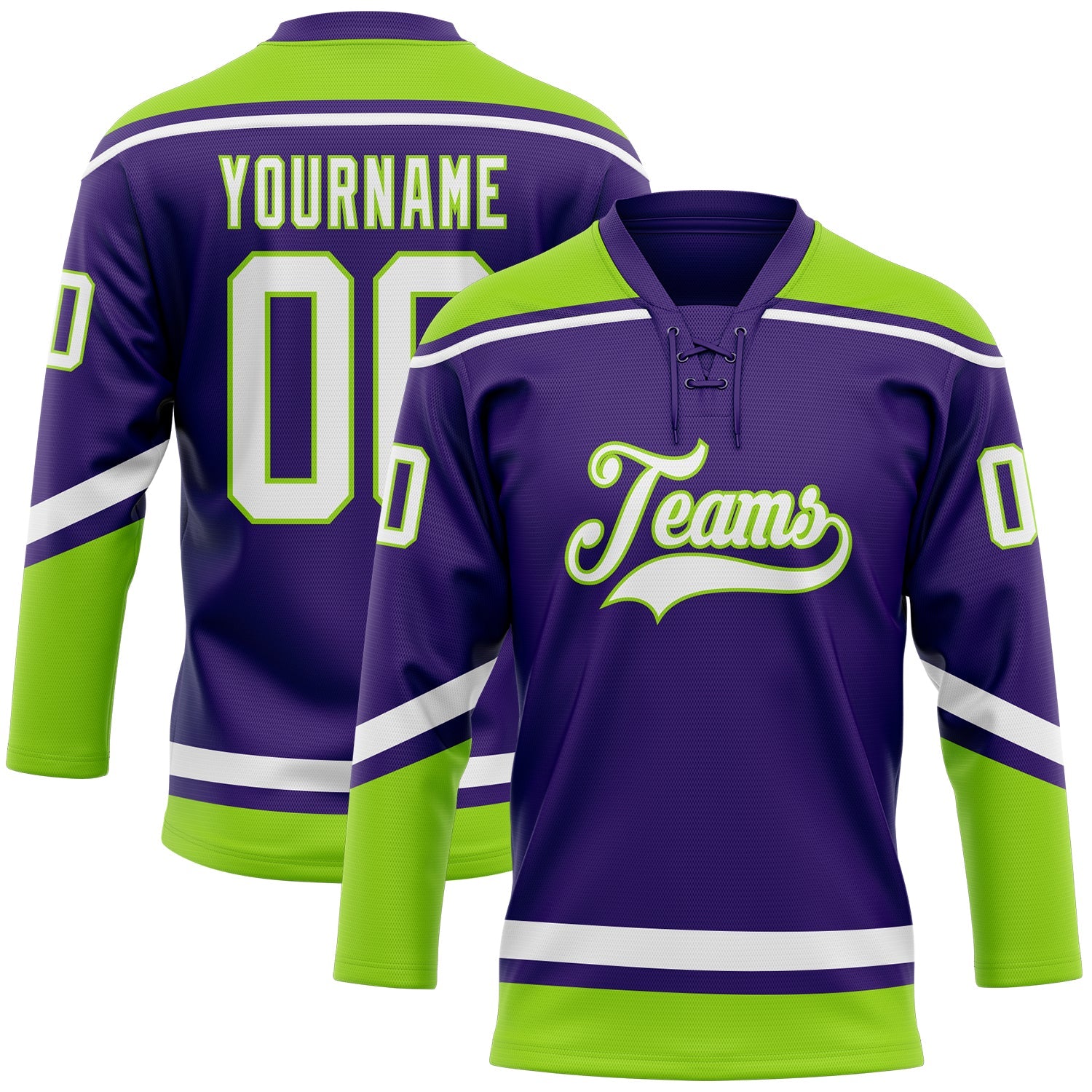 Custom Purple White-Neon Green Hockey Lace Neck Jersey - Main View