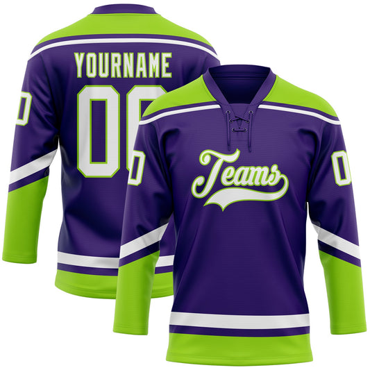 Custom Purple White-Neon Green Hockey Lace Neck Jersey - Main View