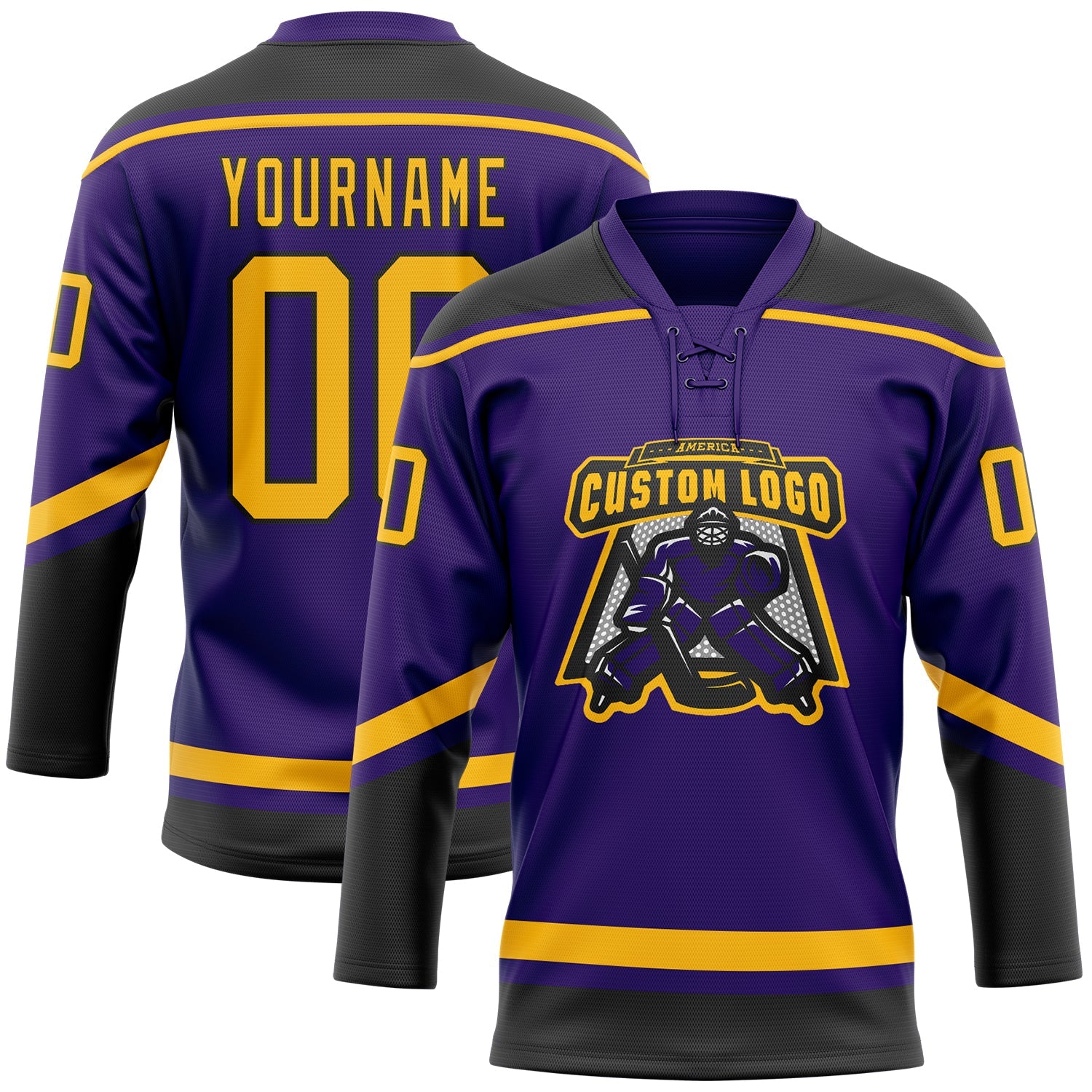 Custom Purple Gold-Black Hockey Lace Neck Jersey view 2