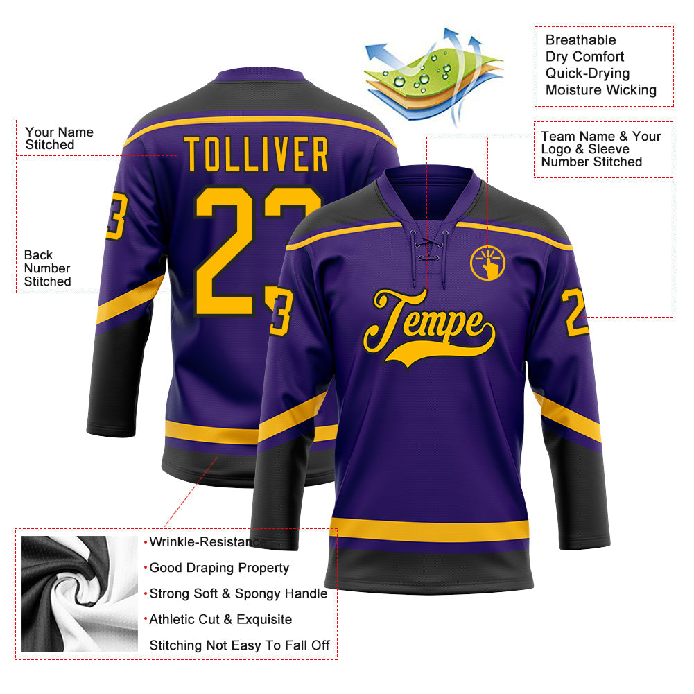 Custom Purple Gold-Black Hockey Lace Neck Jersey view 3