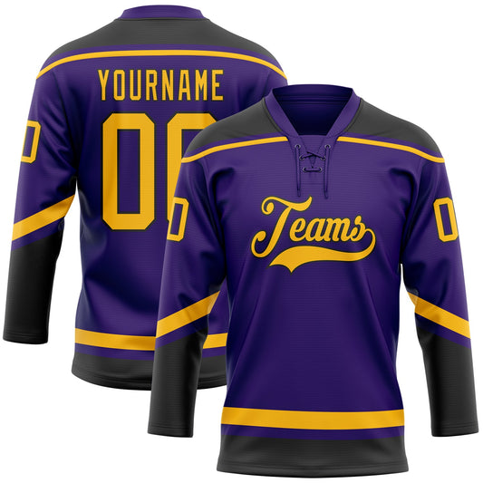 Custom Purple Gold-Black Hockey Lace Neck Jersey - Main View