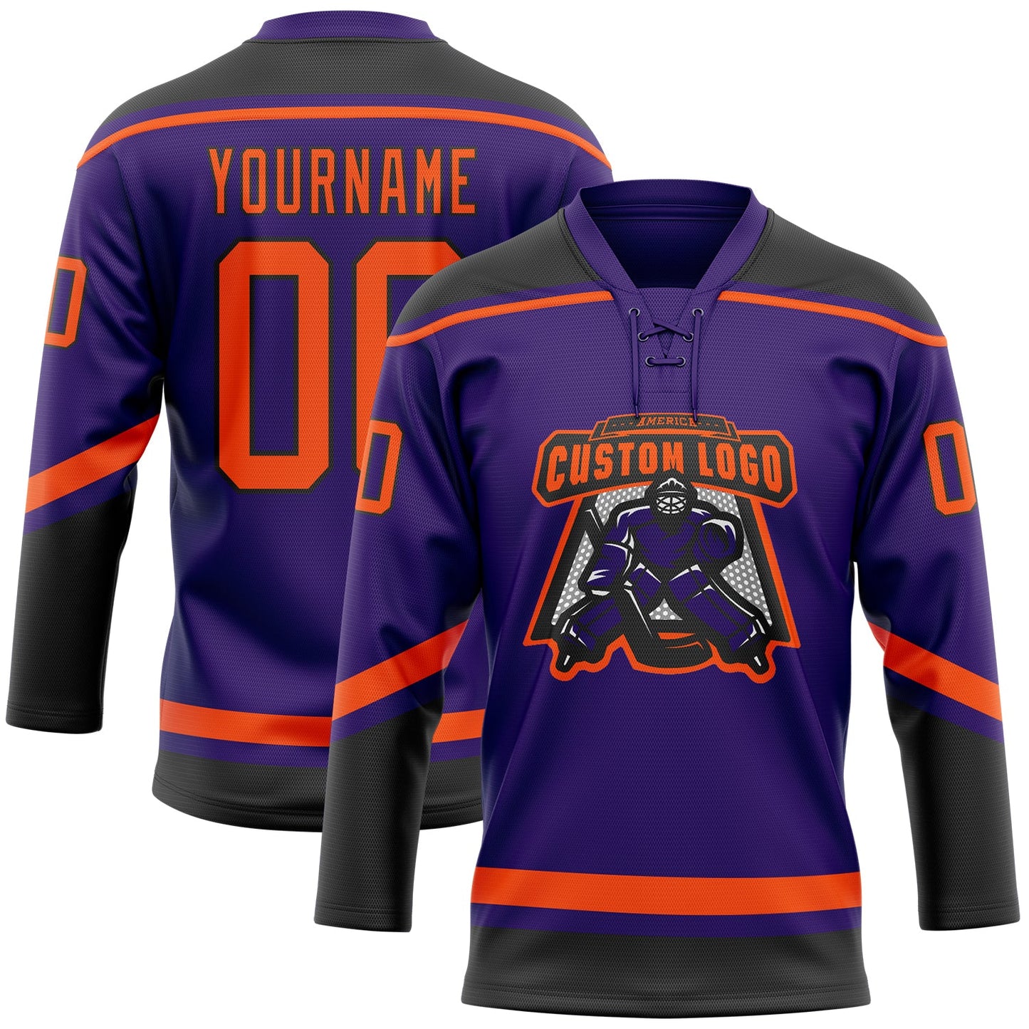 Custom Purple Orange-Black Hockey Lace Neck Jersey view 2