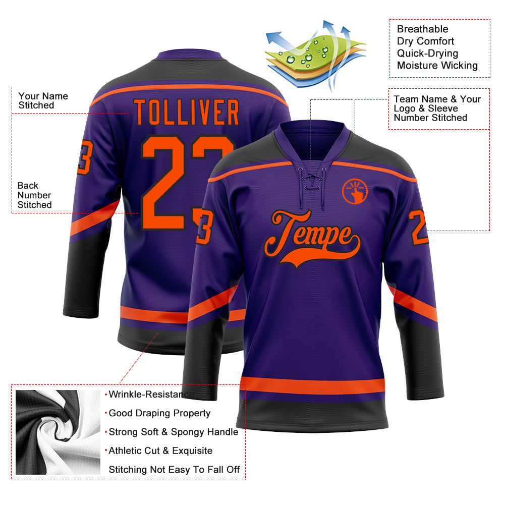 Custom Purple Orange-Black Hockey Lace Neck Jersey view 3