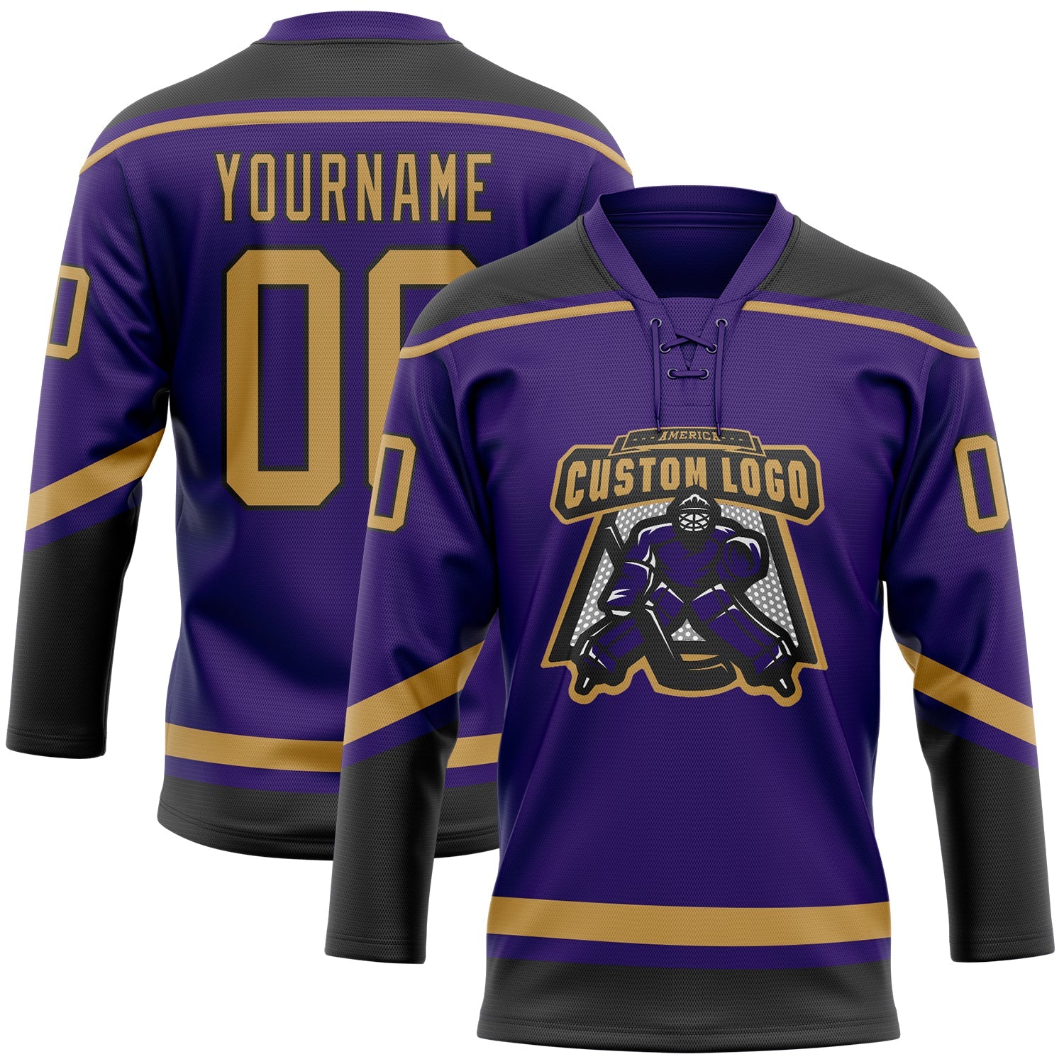 Custom Purple Old Gold-Black Hockey Lace Neck Jersey view 2