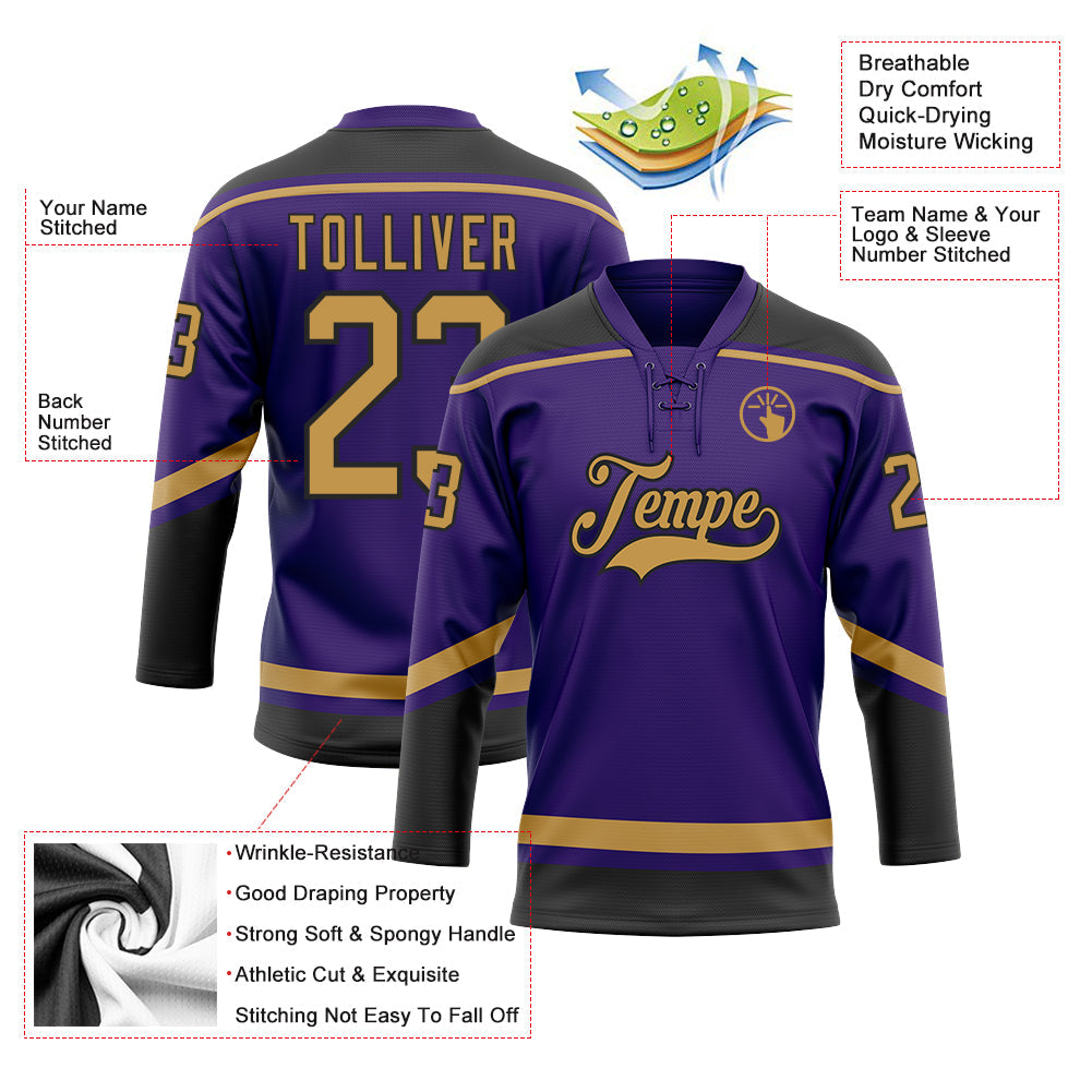 Custom Purple Old Gold-Black Hockey Lace Neck Jersey view 3