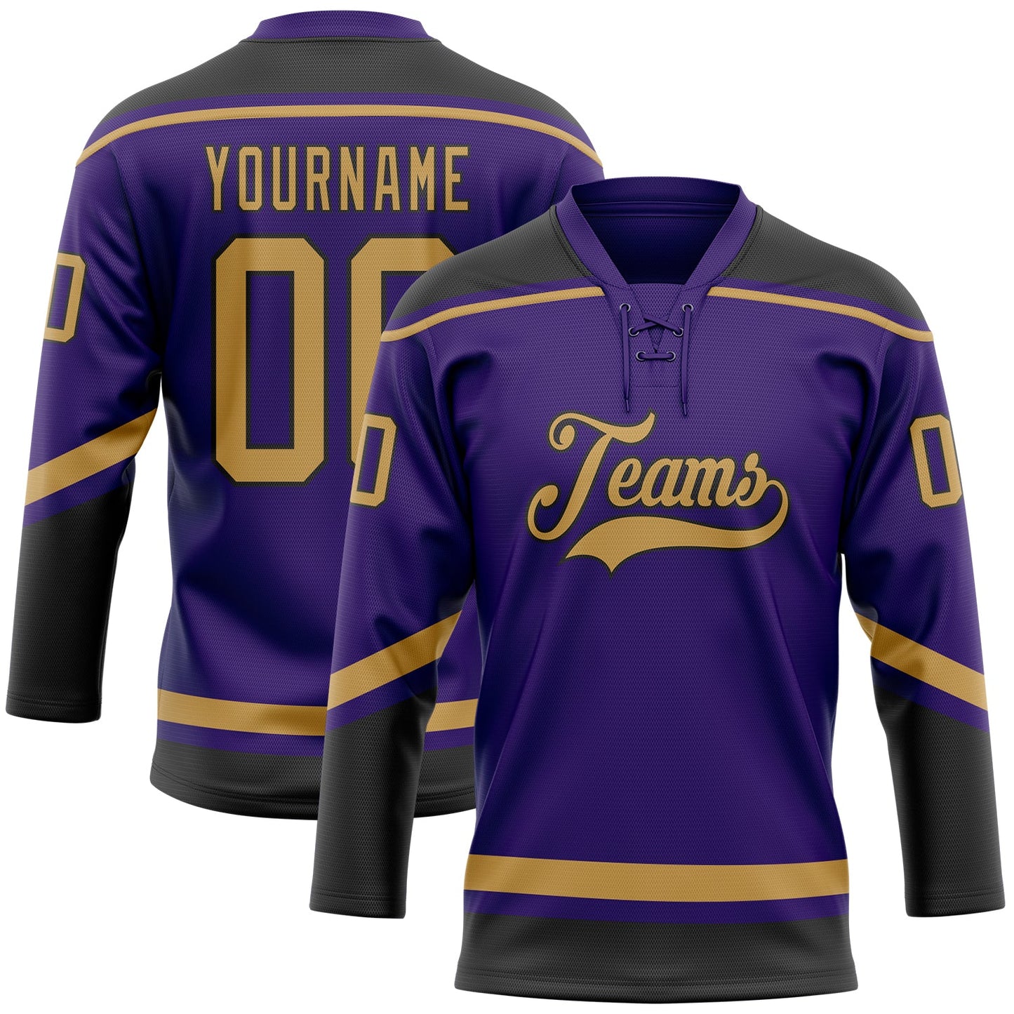Custom Purple Old Gold-Black Hockey Lace Neck Jersey - Main View