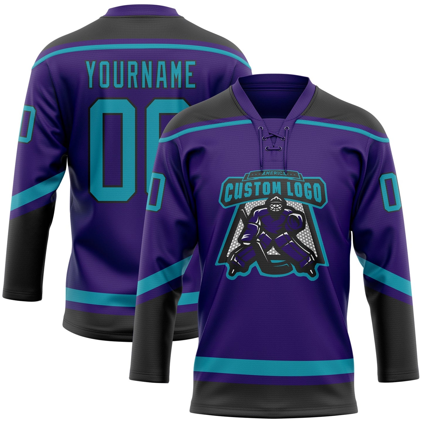 Custom Purple Teal-Black Hockey Lace Neck Jersey view 2
