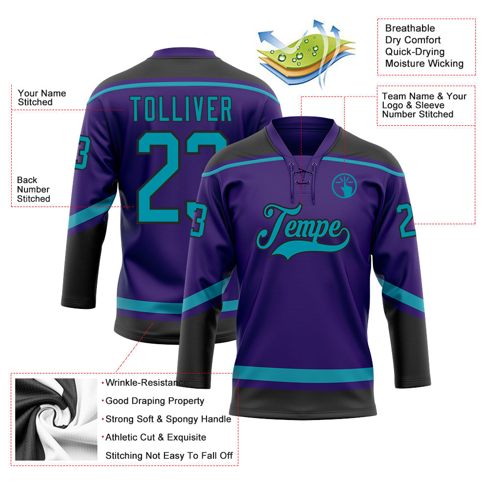 Custom Purple Teal-Black Hockey Lace Neck Jersey view 3