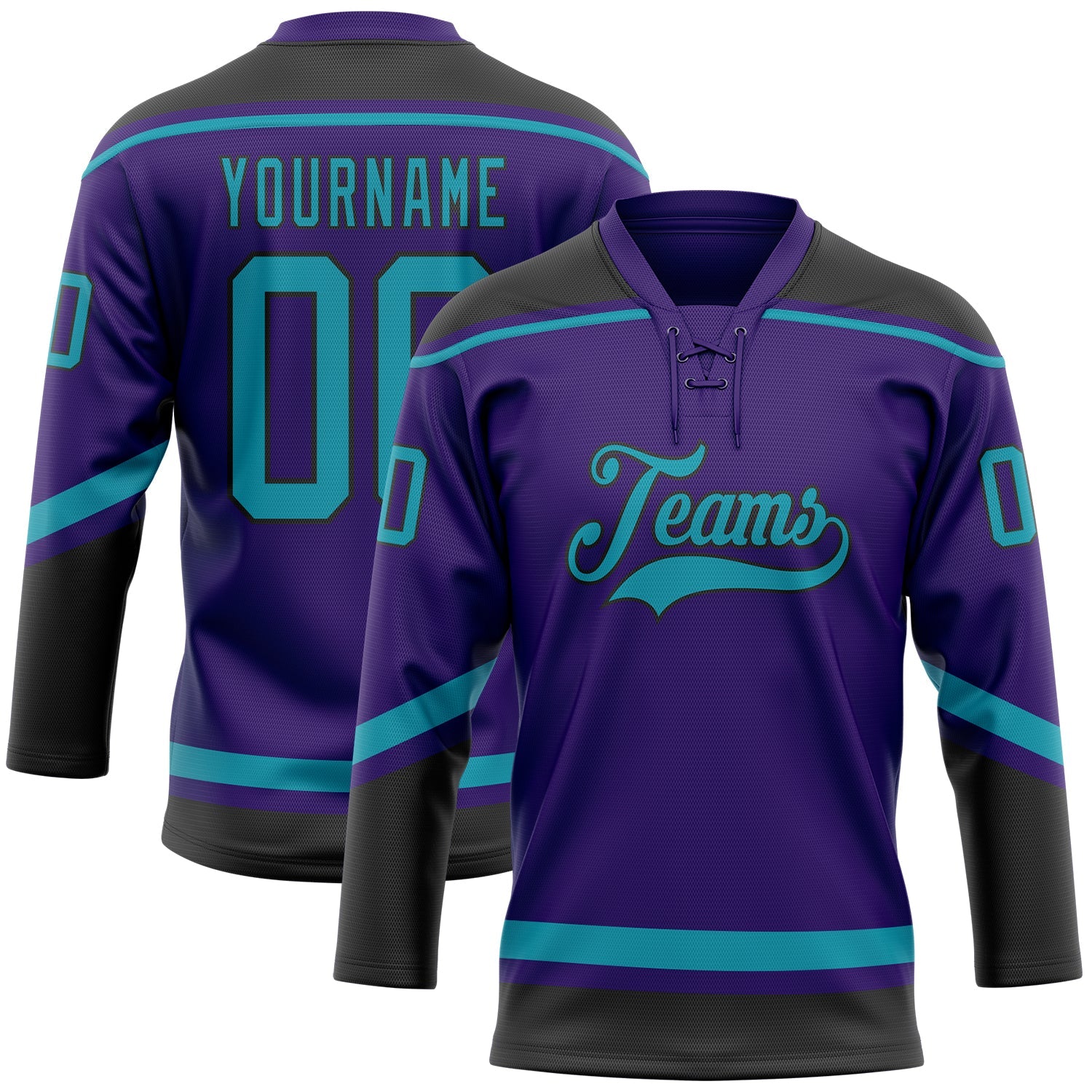 Custom Purple Teal-Black Hockey Lace Neck Jersey - Main View