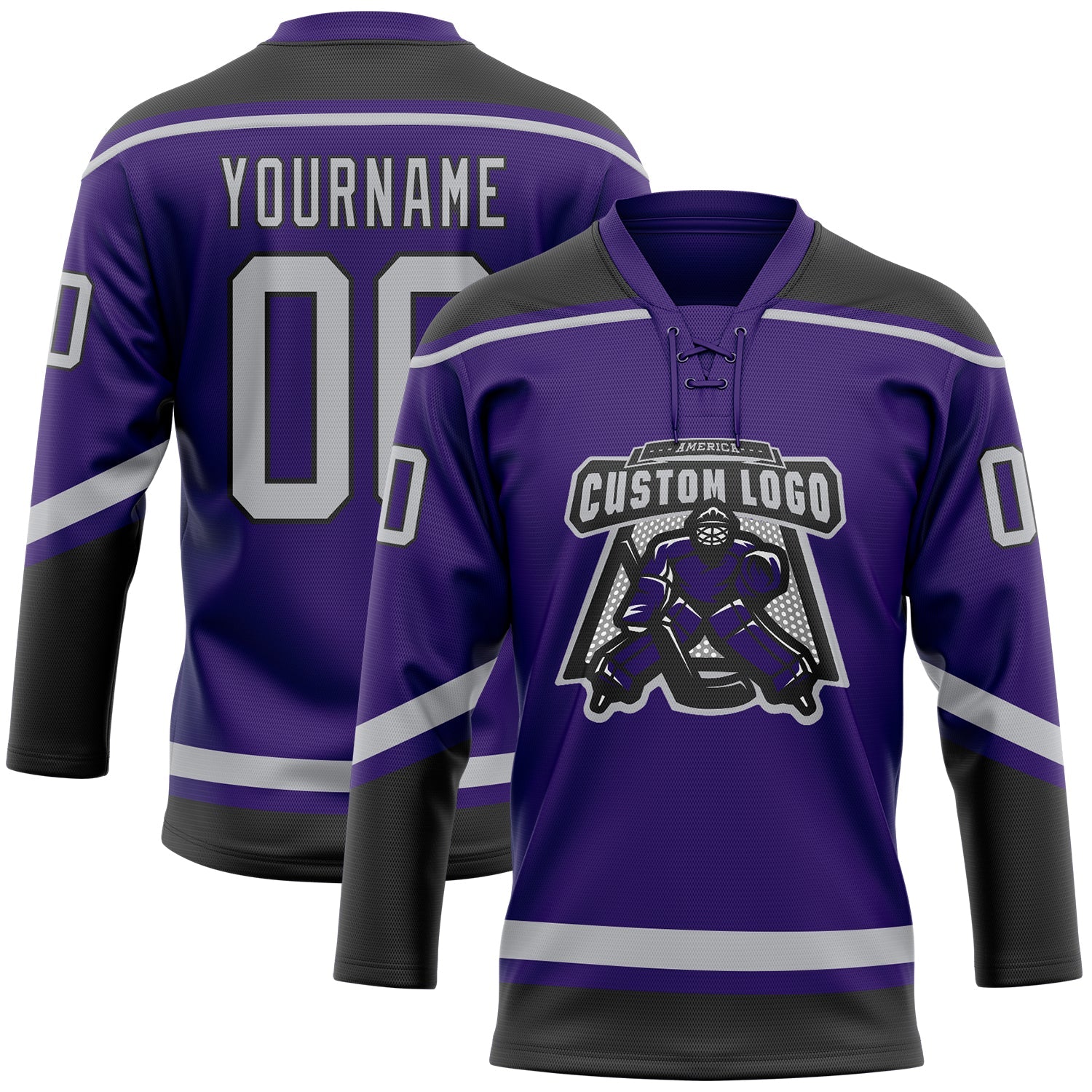 Custom Purple Gray-Black Hockey Lace Neck Jersey view 2