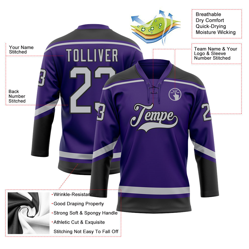 Custom Purple Gray-Black Hockey Lace Neck Jersey view 3