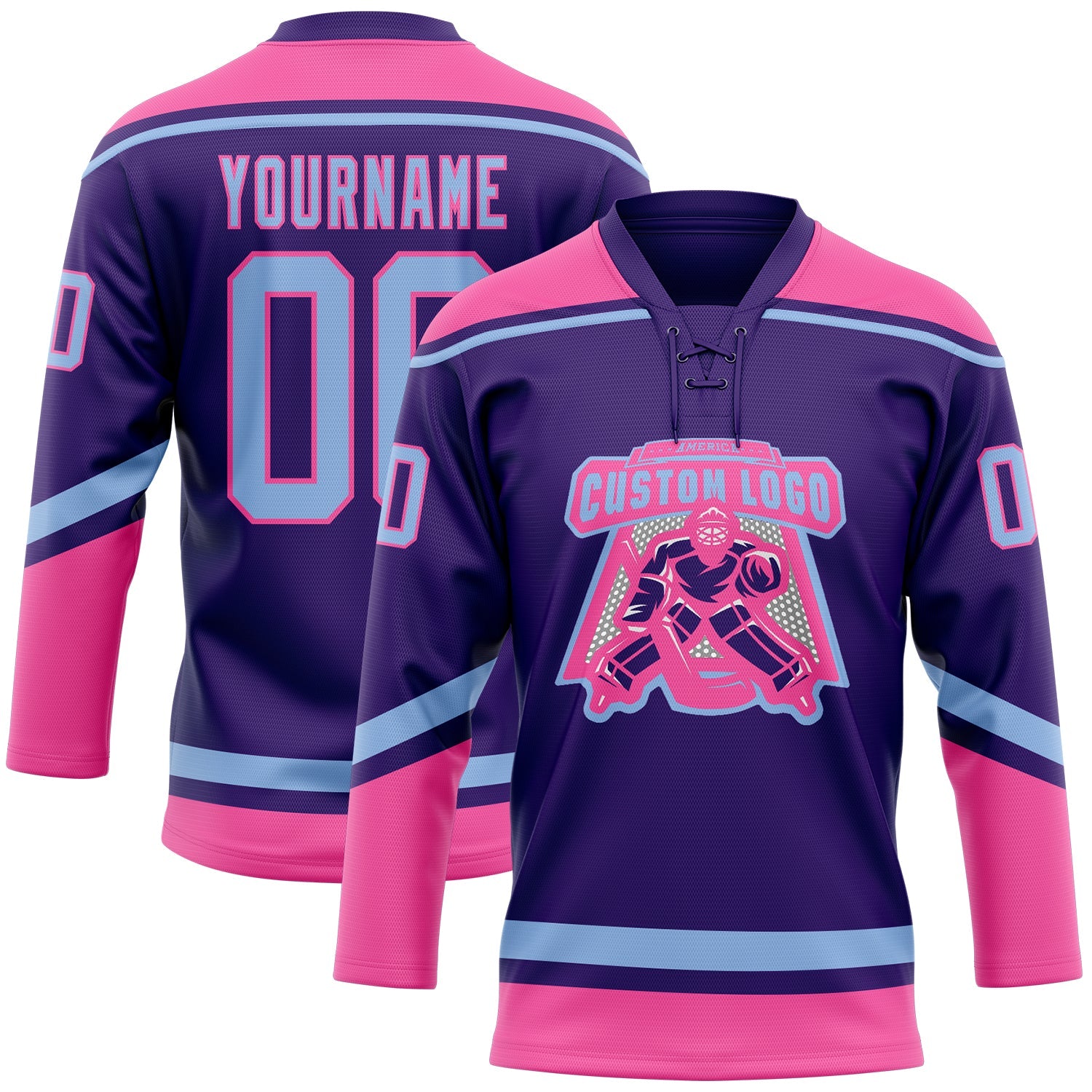 Custom Purple Light Blue-Pink Hockey Lace Neck Jersey view 2