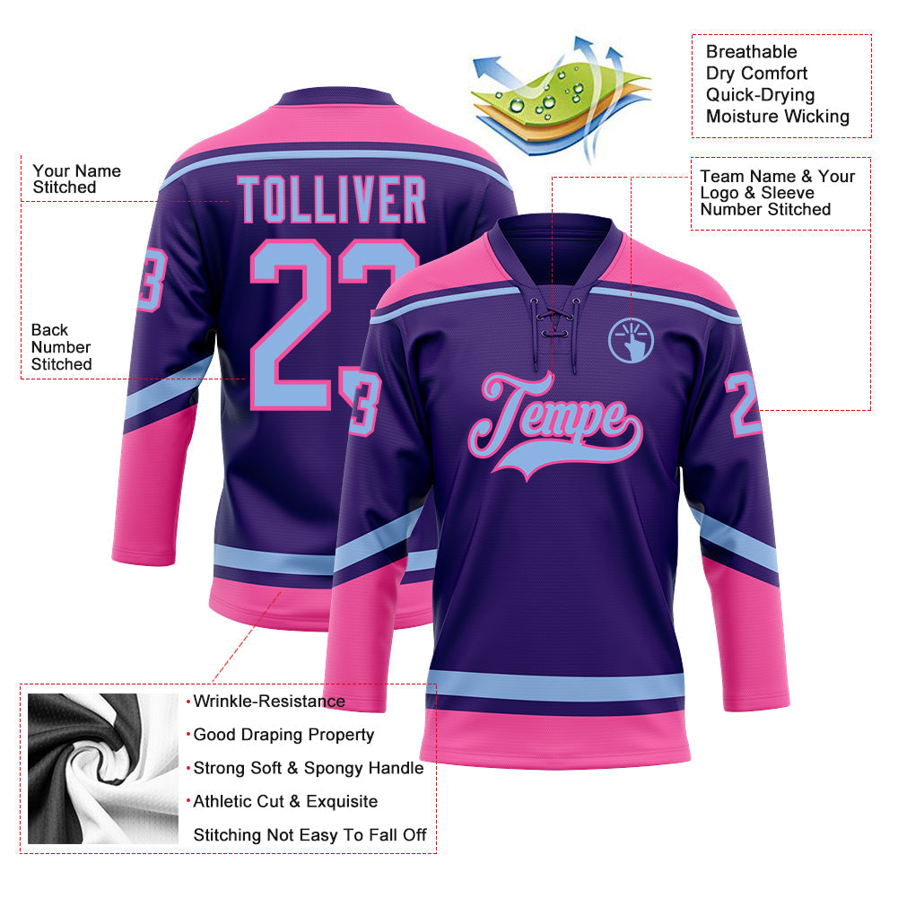 Custom Purple Light Blue-Pink Hockey Lace Neck Jersey view 3