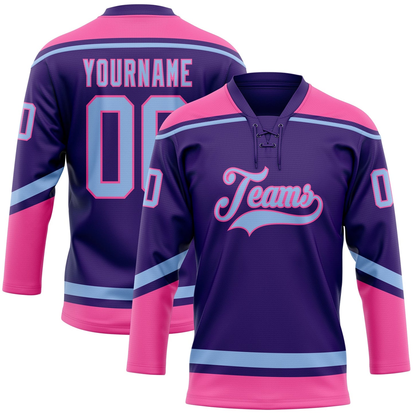 Custom Purple Light Blue-Pink Hockey Lace Neck Jersey - Main View