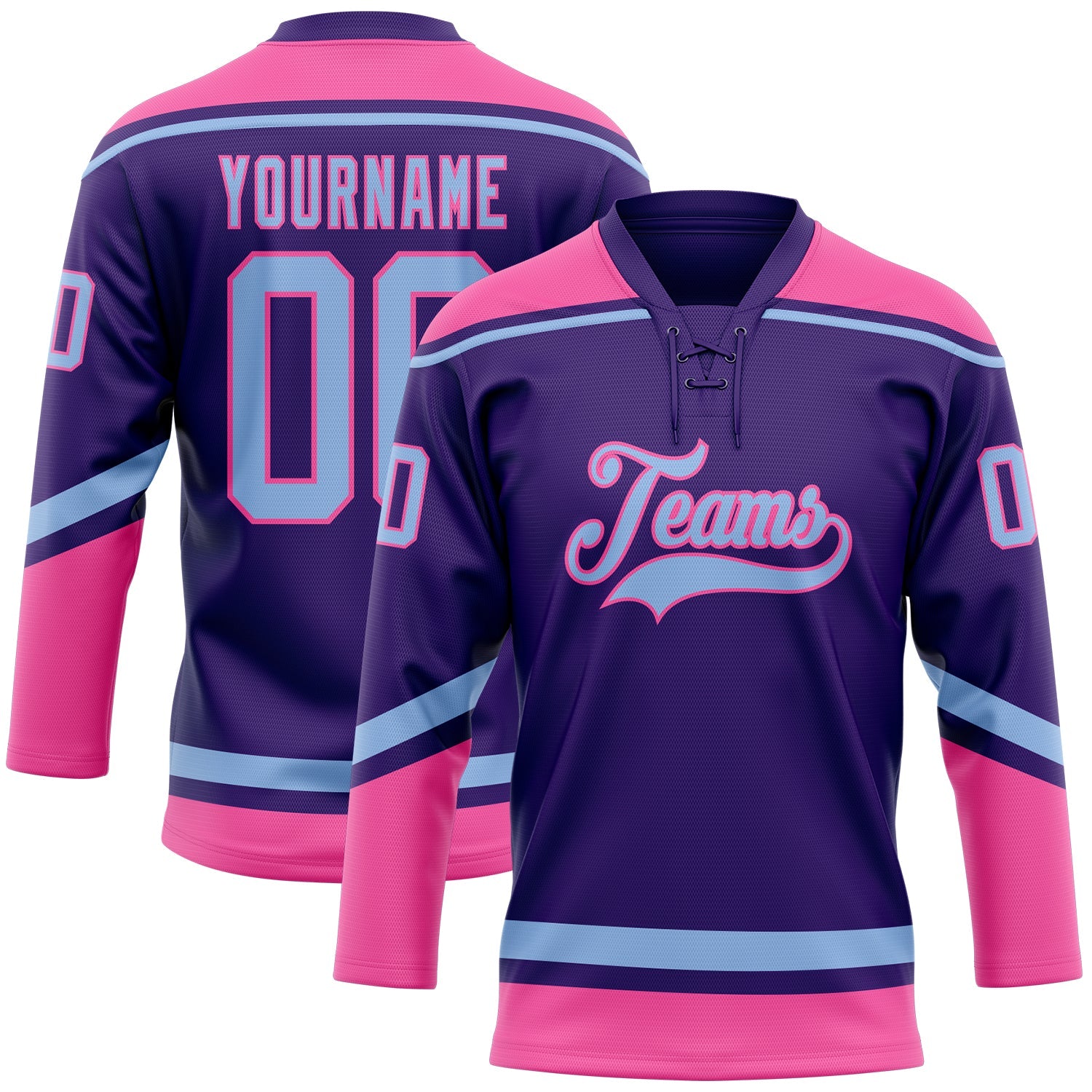Custom Purple Light Blue-Pink Hockey Lace Neck Jersey - Main View