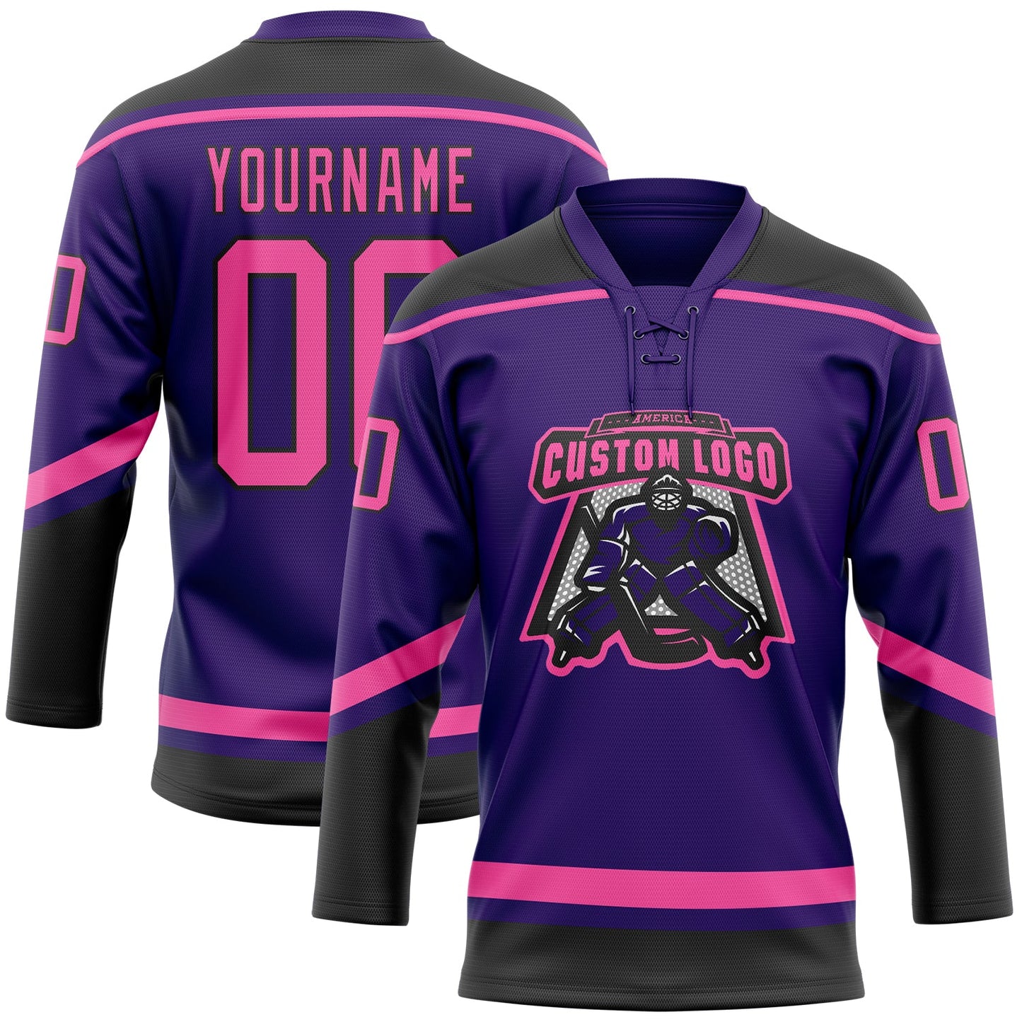 Custom Purple Pink-Black Hockey Lace Neck Jersey view 2