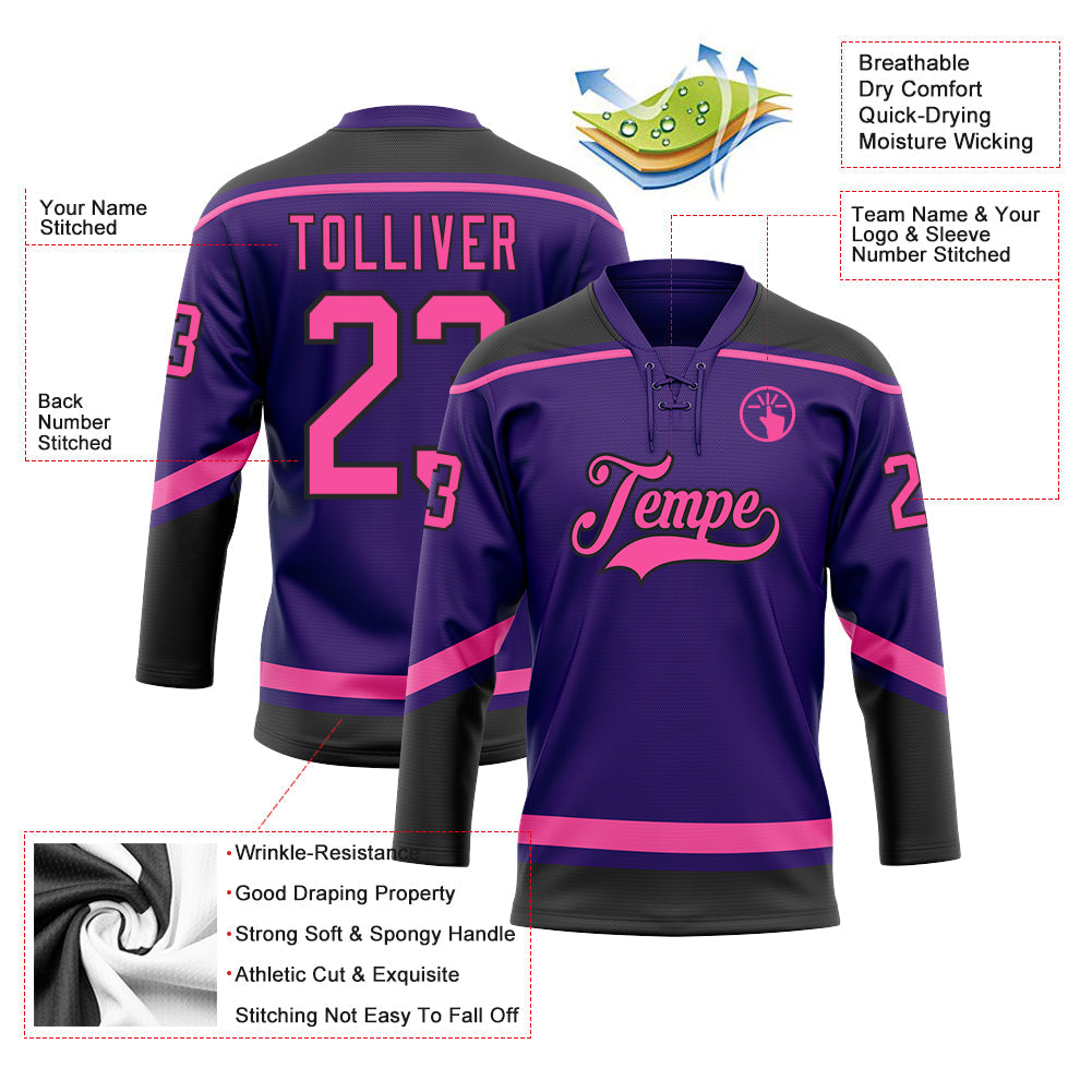 Custom Purple Pink-Black Hockey Lace Neck Jersey view 3