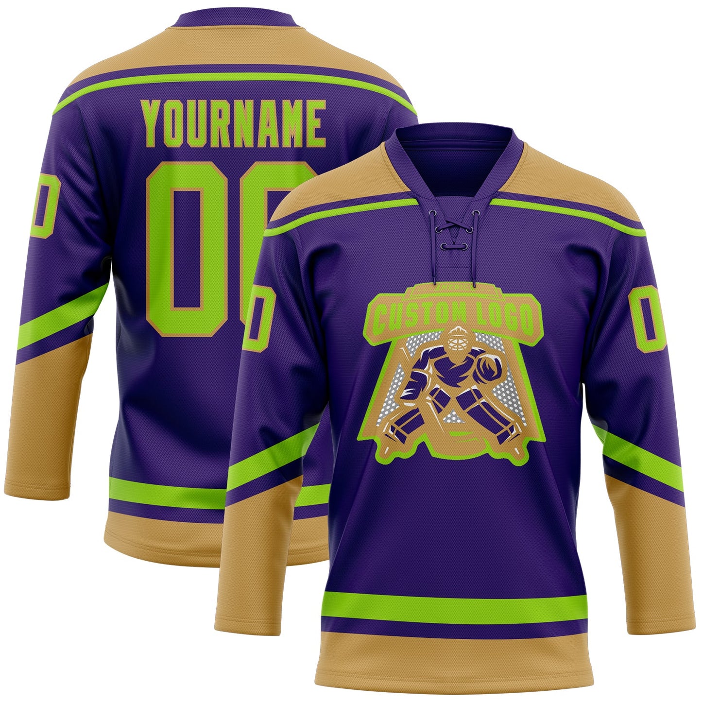 Custom Purple Neon Green-Old Gold Hockey Lace Neck Jersey view 2