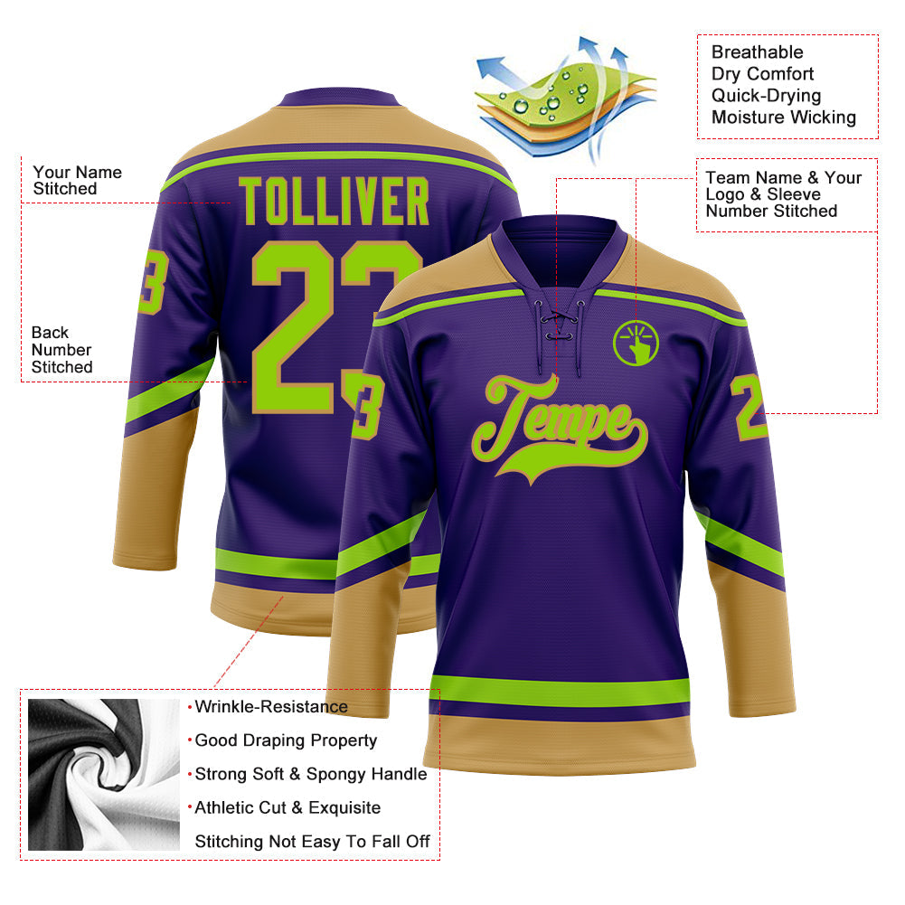 Custom Purple Neon Green-Old Gold Hockey Lace Neck Jersey view 3