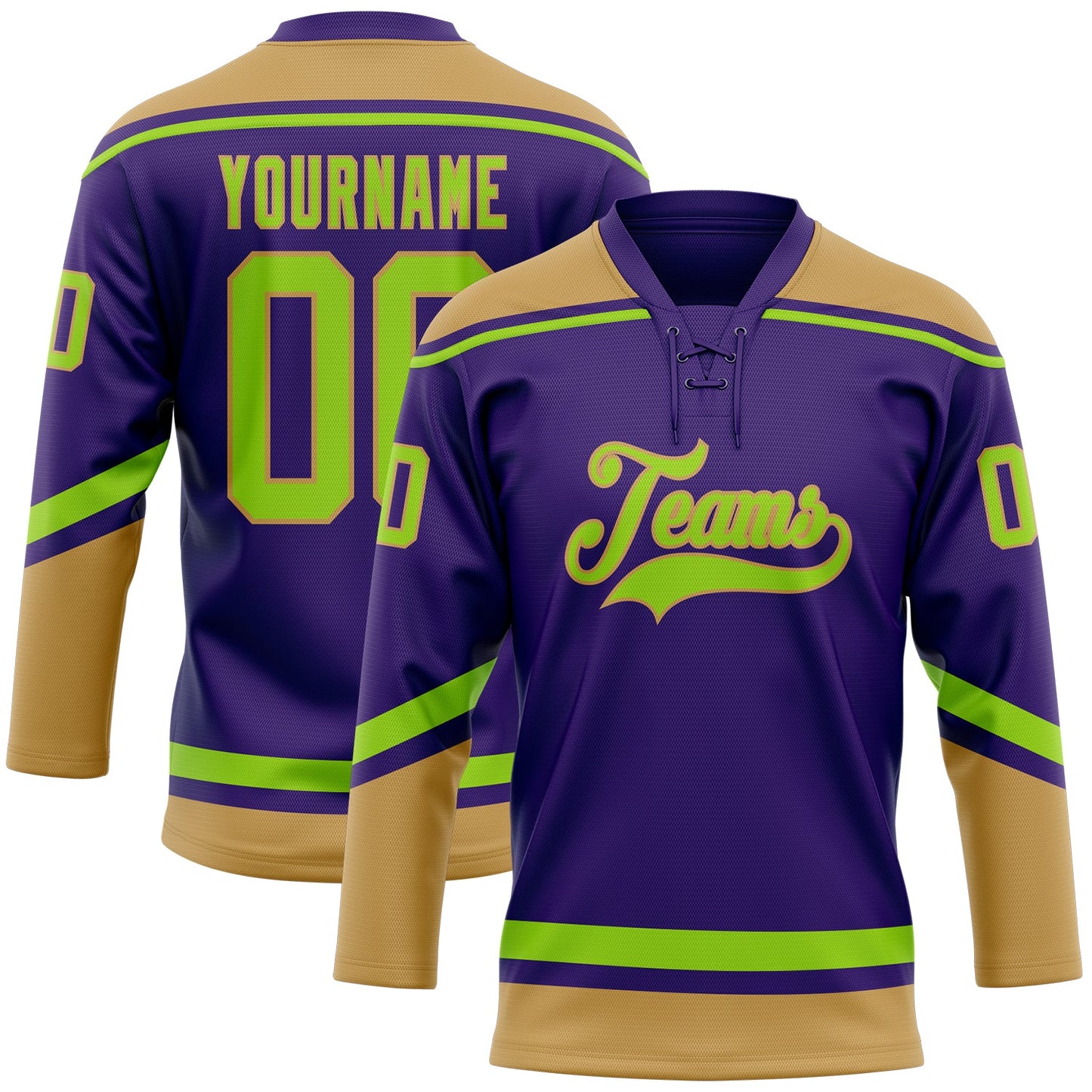 Custom Purple Neon Green-Old Gold Hockey Lace Neck Jersey - Main View
