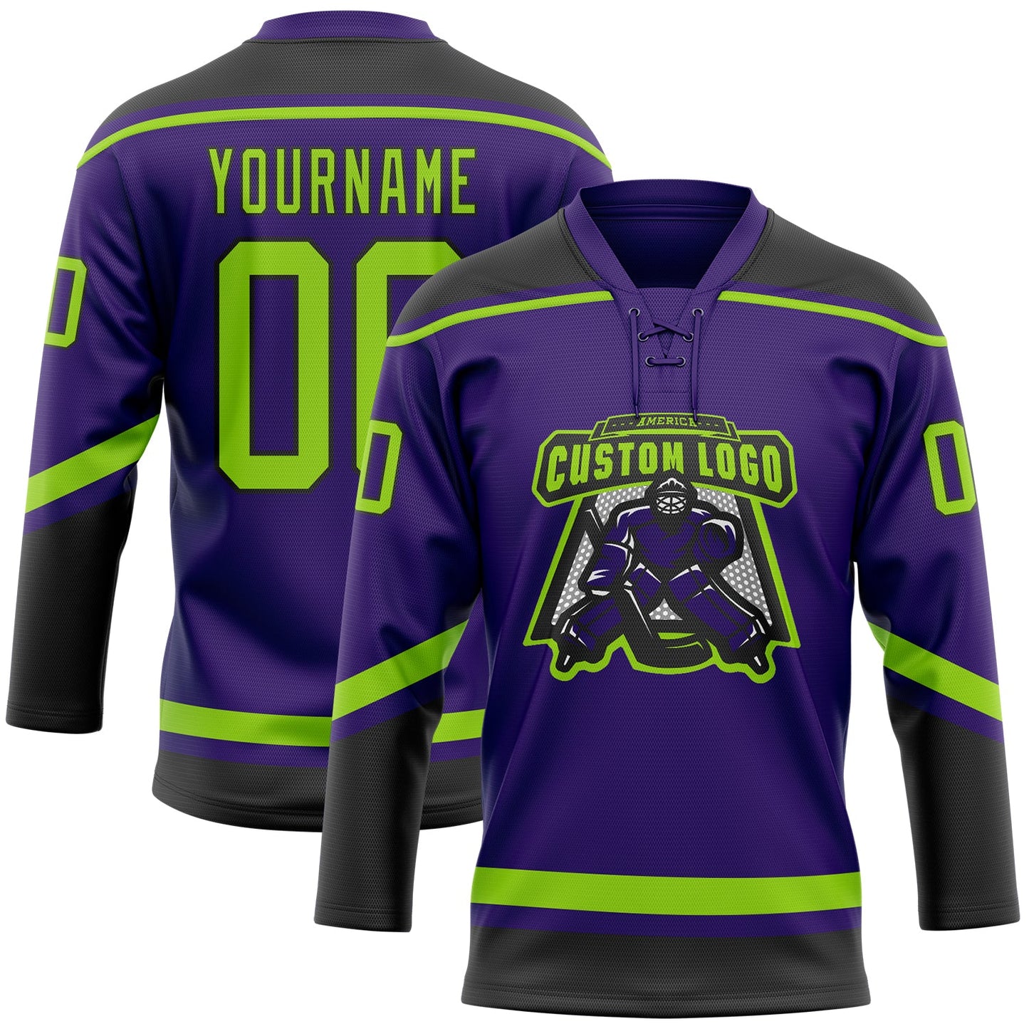 Custom Purple Neon Green-Black Hockey Lace Neck Jersey view 2